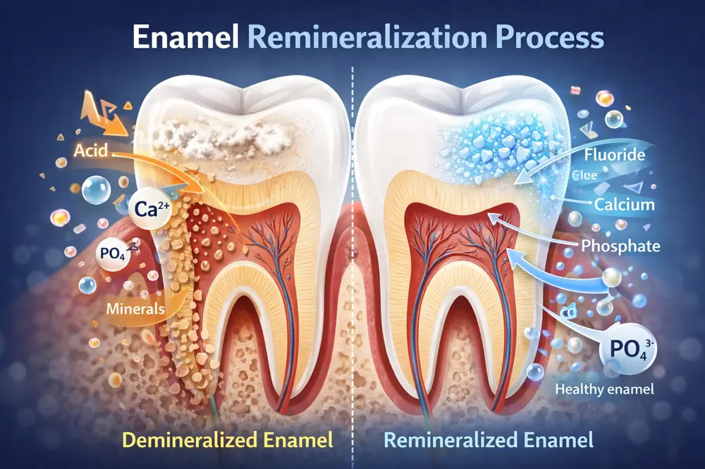 Dental diagram showing enamel demineralization from acid attack and enamel remineralization with fluoride, calcium, and phosphate minerals