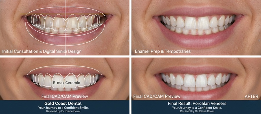 Digital Smile Design and step-by-step porcelain veneers process at Gold Coast Dental, showing E-max ceramic planning and final before and after results.