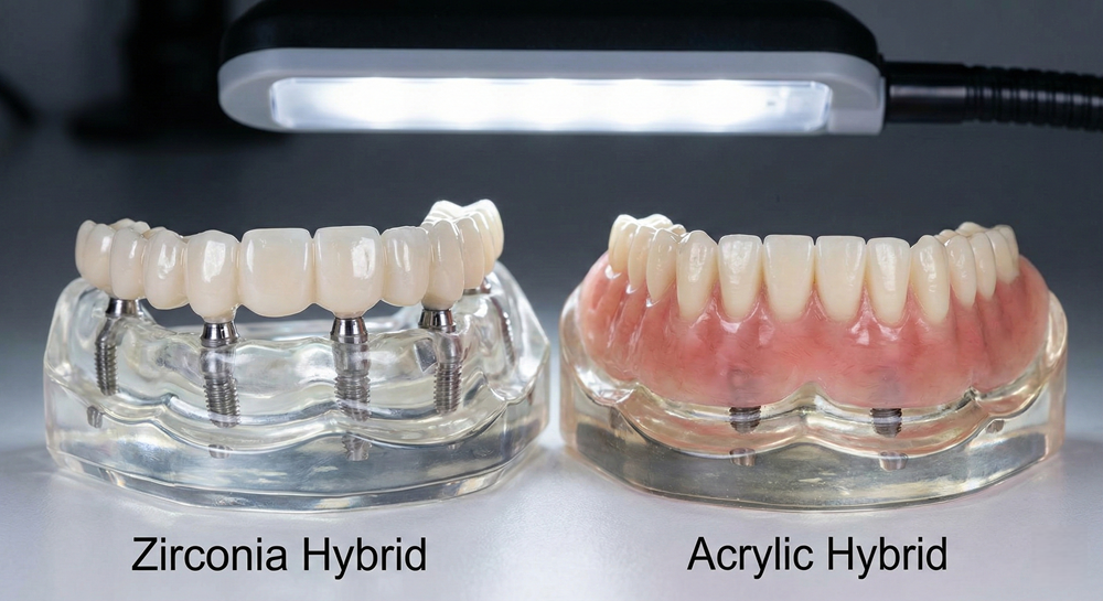 Zirconia vs Acrylic hybrid denture on implants