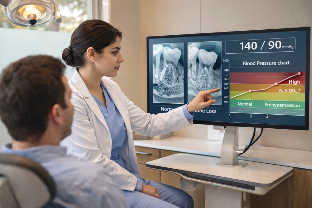 Iranian female dentist in a modern dental office reviewing periodontal bone loss X-rays and a blood pressure chart with a patient
