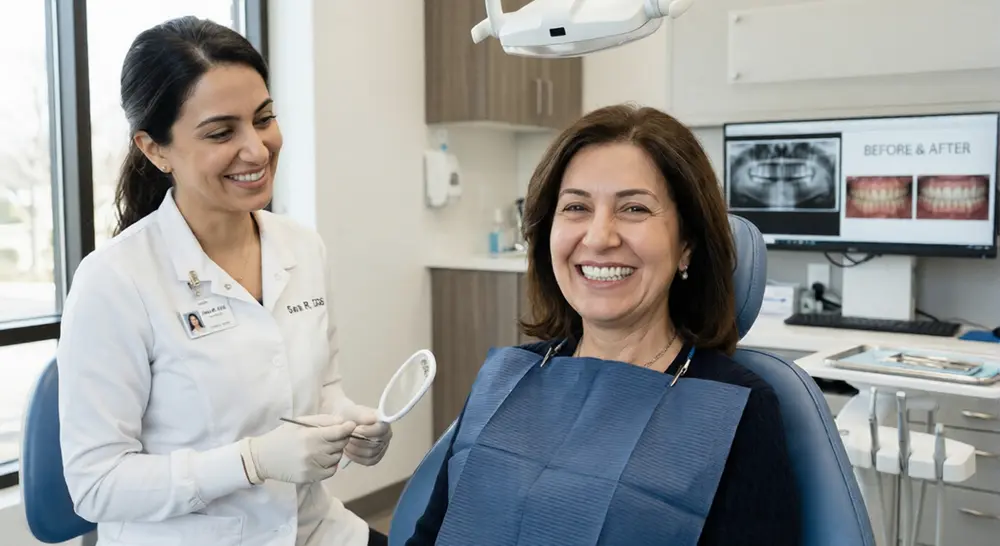 A smiling female dentist showing a successful full mouth reconstruction result to a middle-aged female patient in a modern dental office, with a computer monitor in the background displaying before and after dental results.