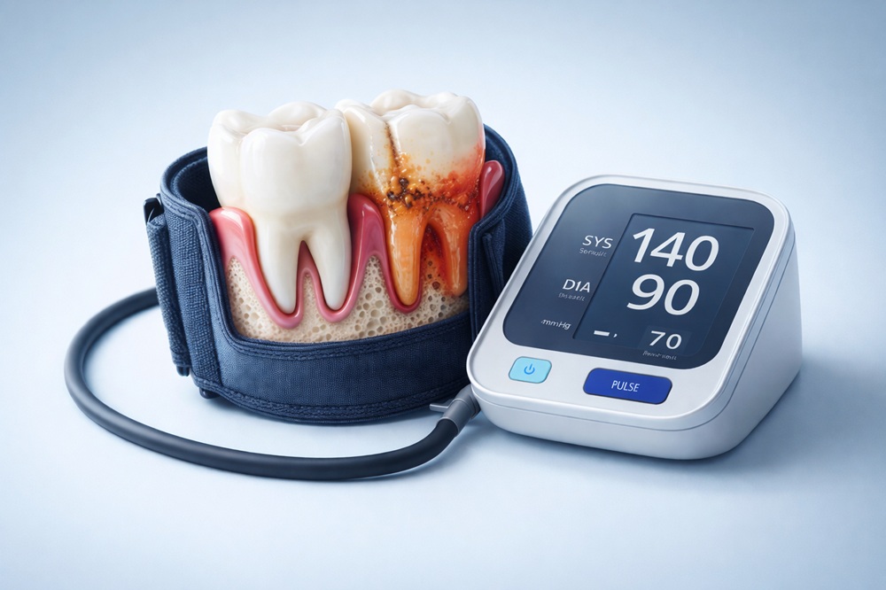 Blood pressure monitor showing 140/90 next to a 3D jaw model with healthy and inflamed gums illustrating the connection between gum disease and hypertension