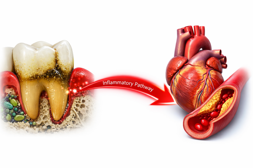 Medical infographic showing inflamed gums with bacterial biofilm connected to heart and artery plaque through inflammatory pathway