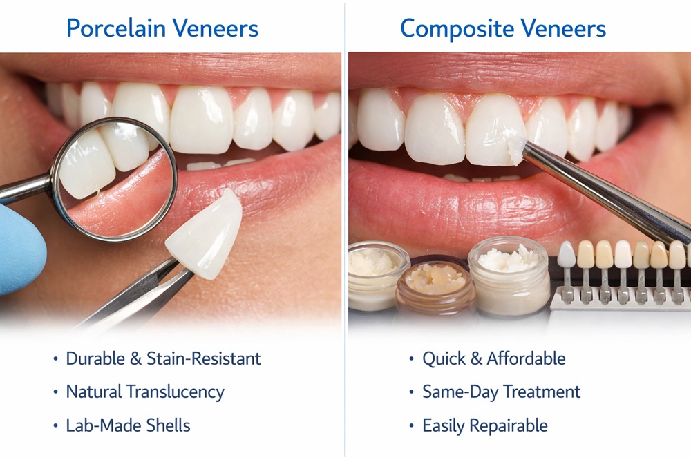 Porcelain veneer being positioned on a front tooth next to direct composite veneer application showing material texture and shade difference