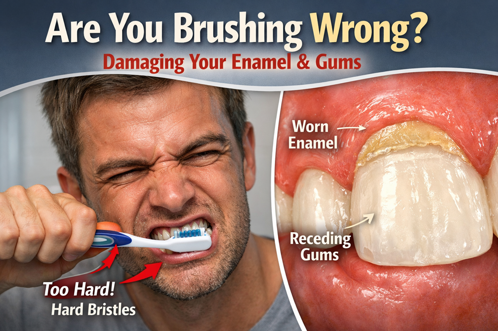 Man brushing teeth too hard with a toothbrush showing enamel damage and receding gums caused by aggressive brushing