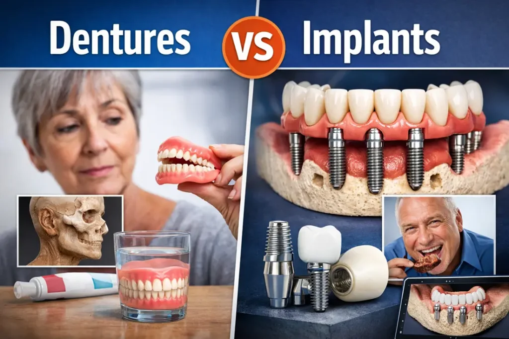 Dentures vs implants comparison showing removable dentures with adhesive and glass of water on one side, and implant-supported full arch restoration with titanium implants on the other