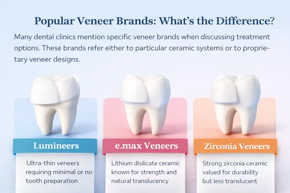 Dental veneer types comparison showing Lumineers, e.max lithium disilicate veneers, and zirconia veneers used in cosmetic dentistry treatments