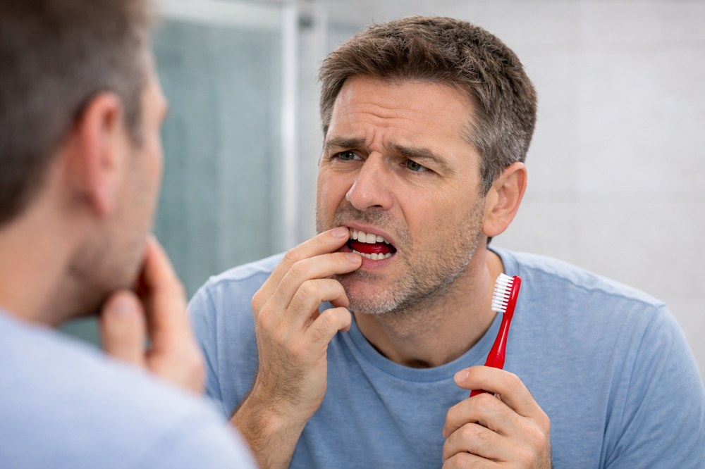 man noticing bleeding gums while brushing teeth in bathroom mirror