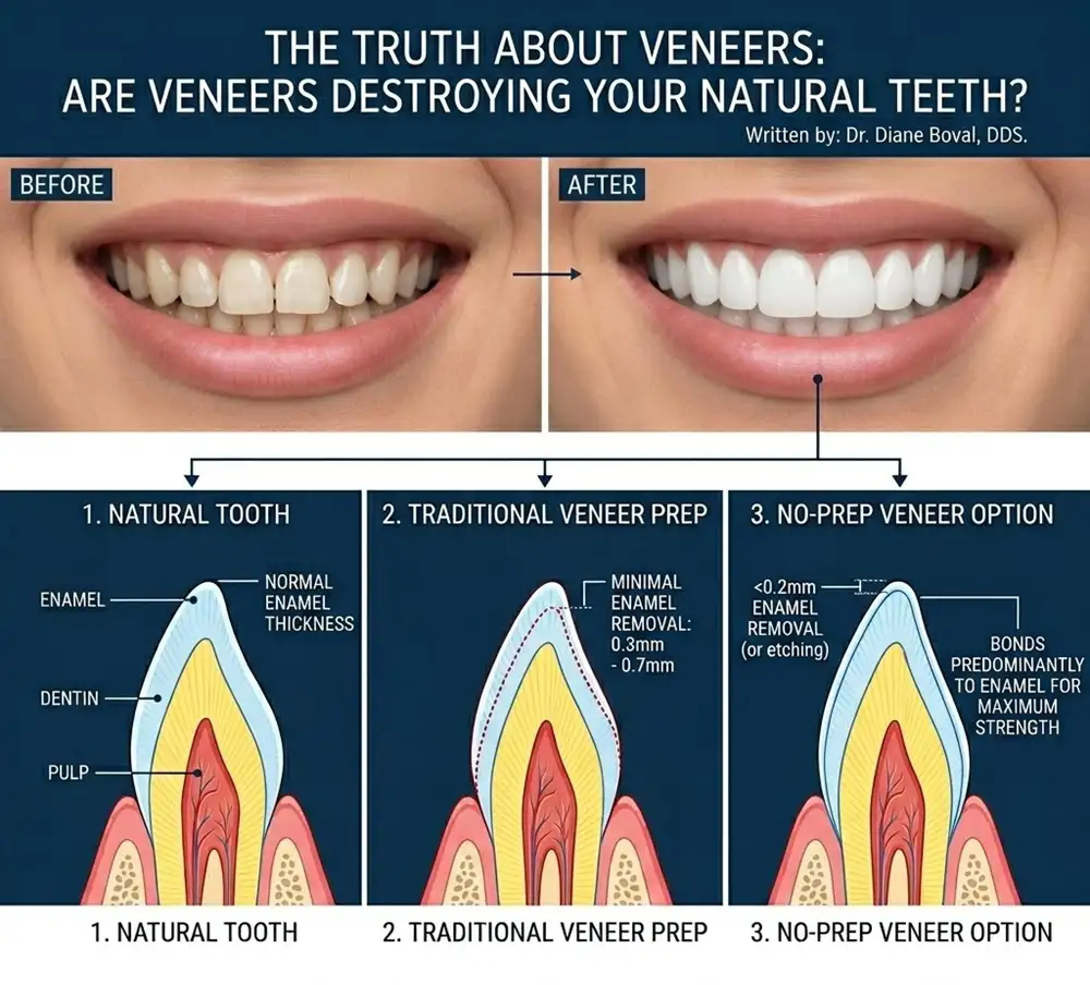 Infographic showing before and after dental veneers with diagrams explaining natural tooth structure, traditional veneer preparation with enamel reduction, and no-prep veneer placement
