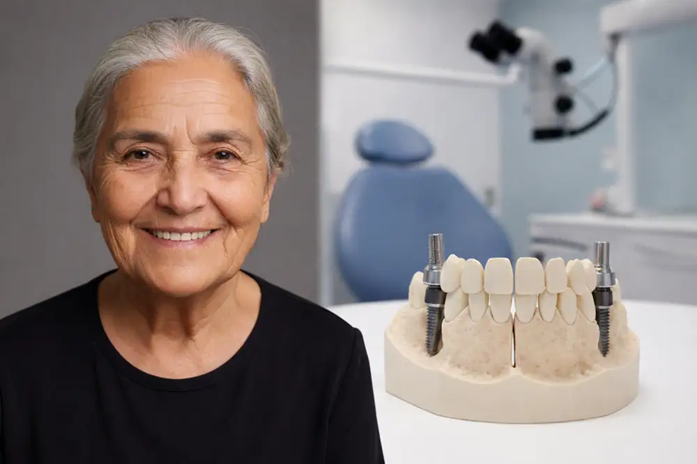 Wide comparison image showing an elderly woman smiling on the left and a full-arch dental implant model with two implants on the right in a dental clinic setting