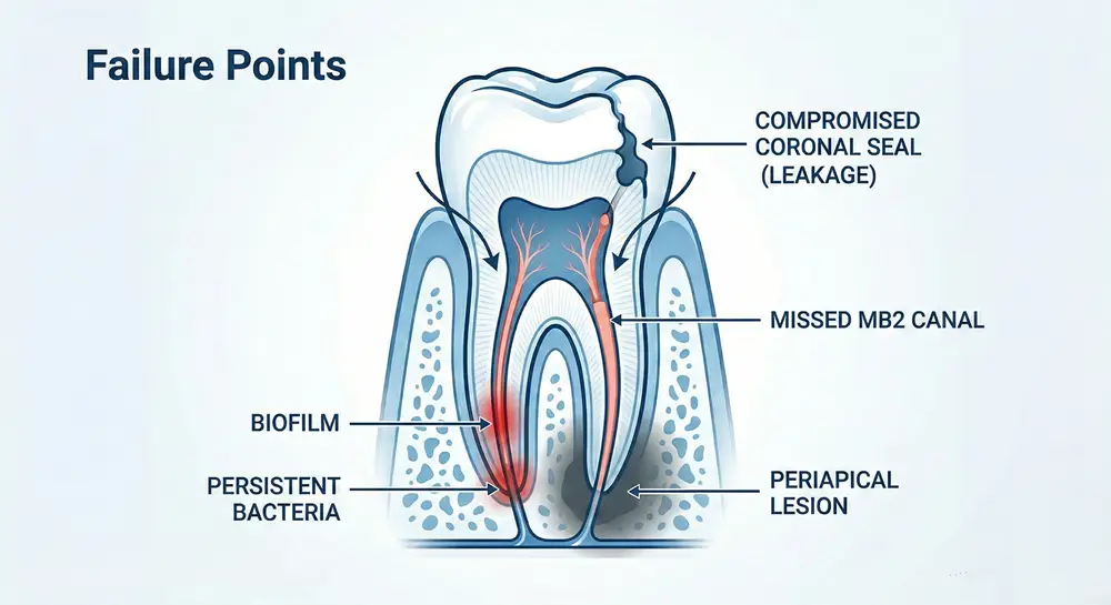 The Second Chance for Your Tooth: A Clinical Guide to Non-Surgical Retreatment Success 4 Gold Coast Dental educational diagram here showing common failure points missed canal coronal leakage periapical lesion