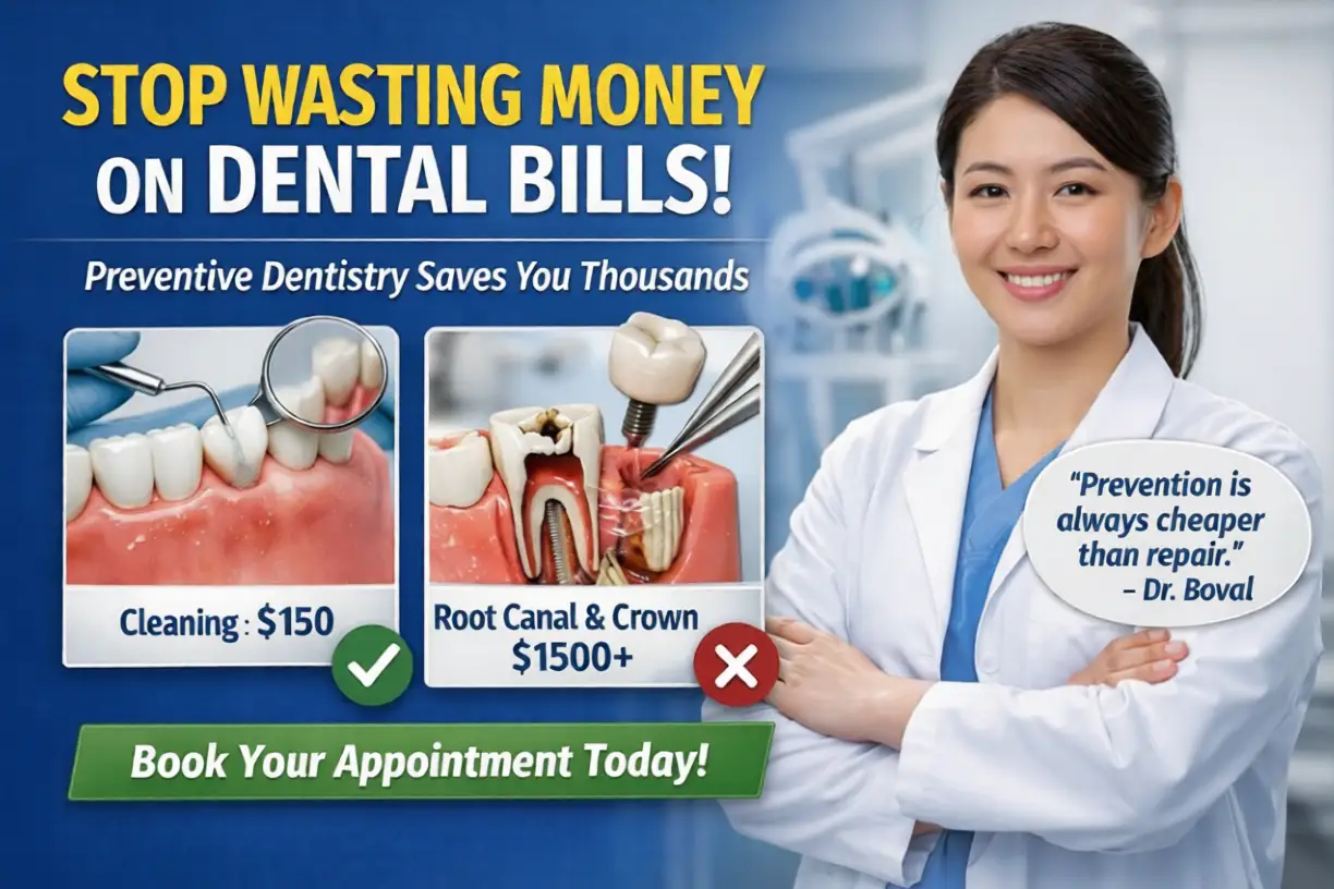Preventive dentistry concept showing dental cleaning vs dental implant cost comparison with a Chinese female dentist and a dental implant inside healthy gum tissue