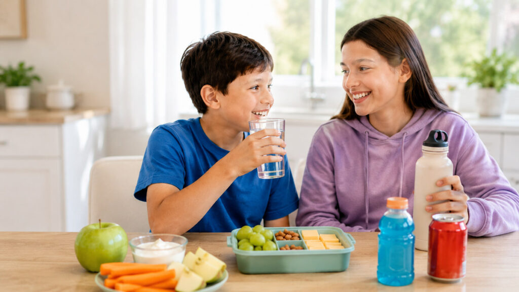 photo of child and teen siblings eating a healthy meal