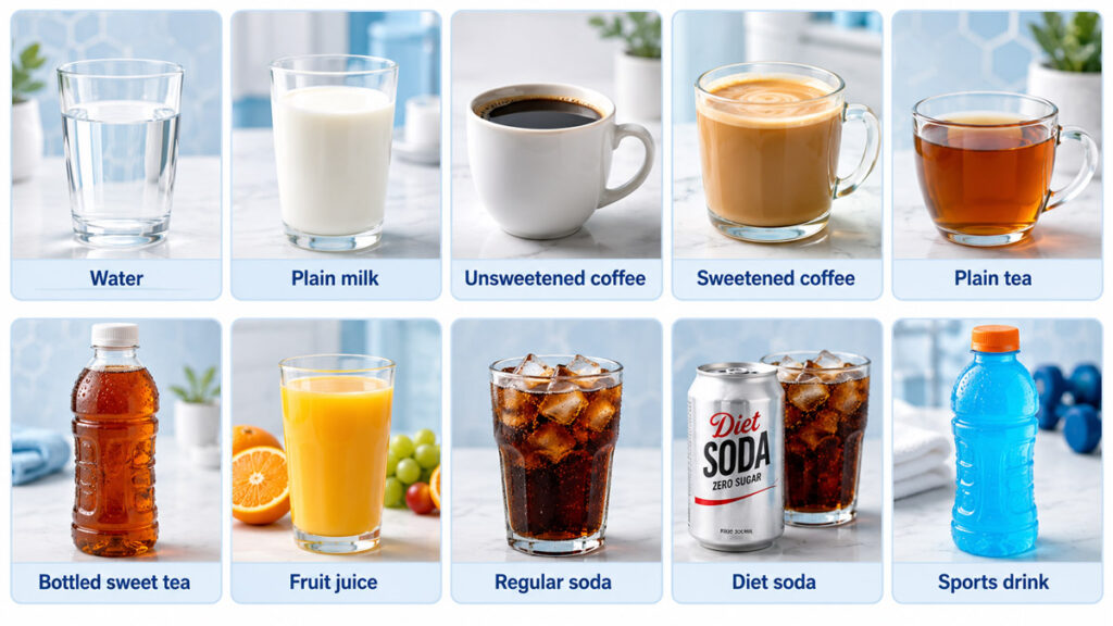 Photo of various types of beverages like soda, water and milk