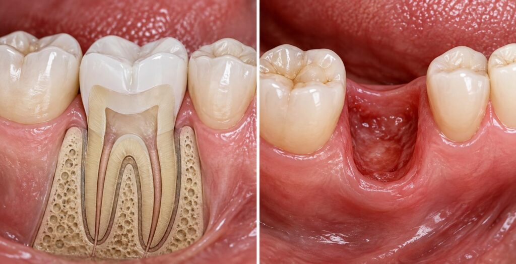 side by side comparison illustrating a root canal vs tooth extraction