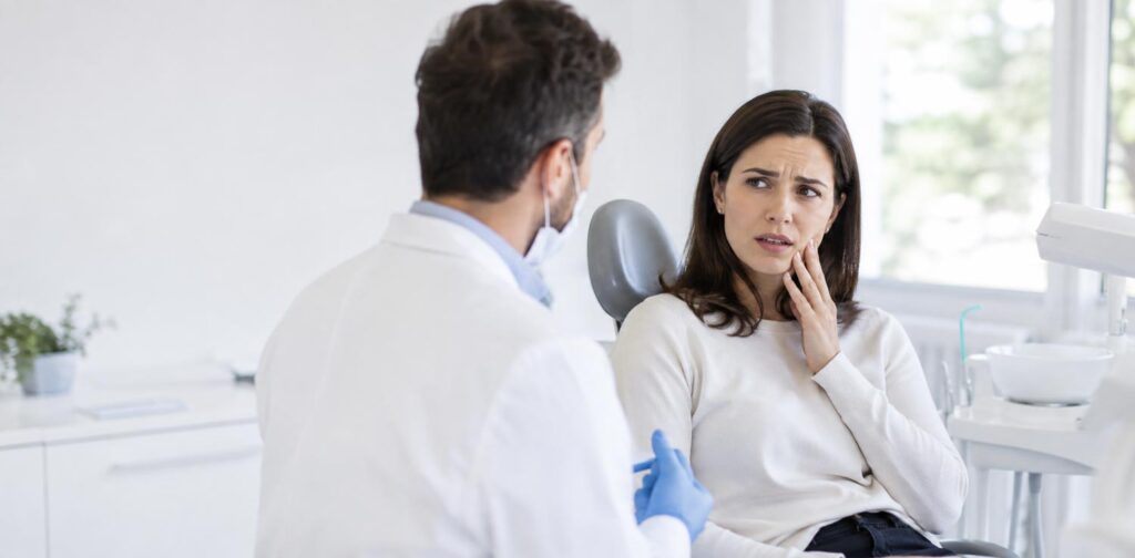 a dentist treats a female patient for a tooth abscess