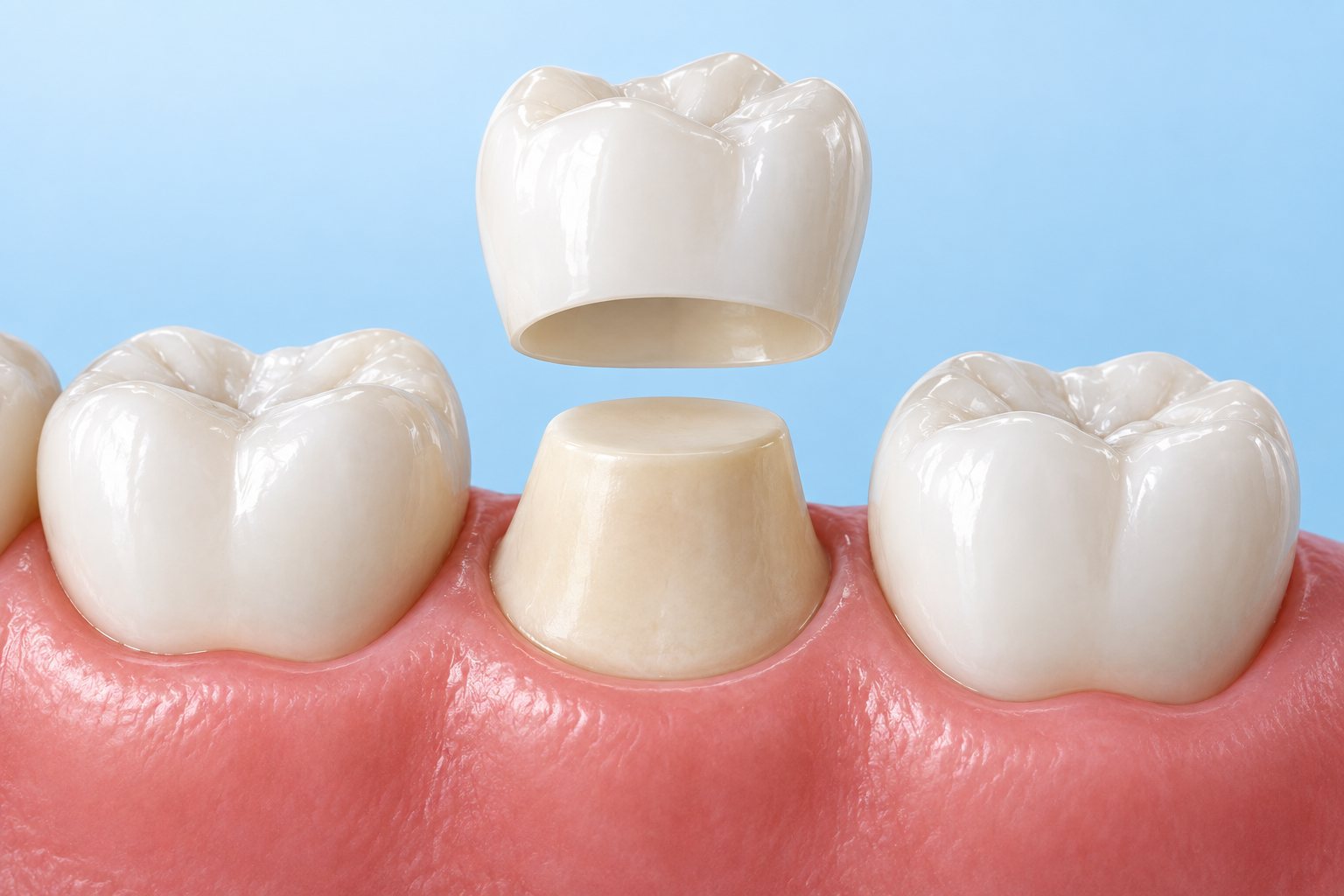 Illustration of a dental crown lifted off a prepared natural tooth.