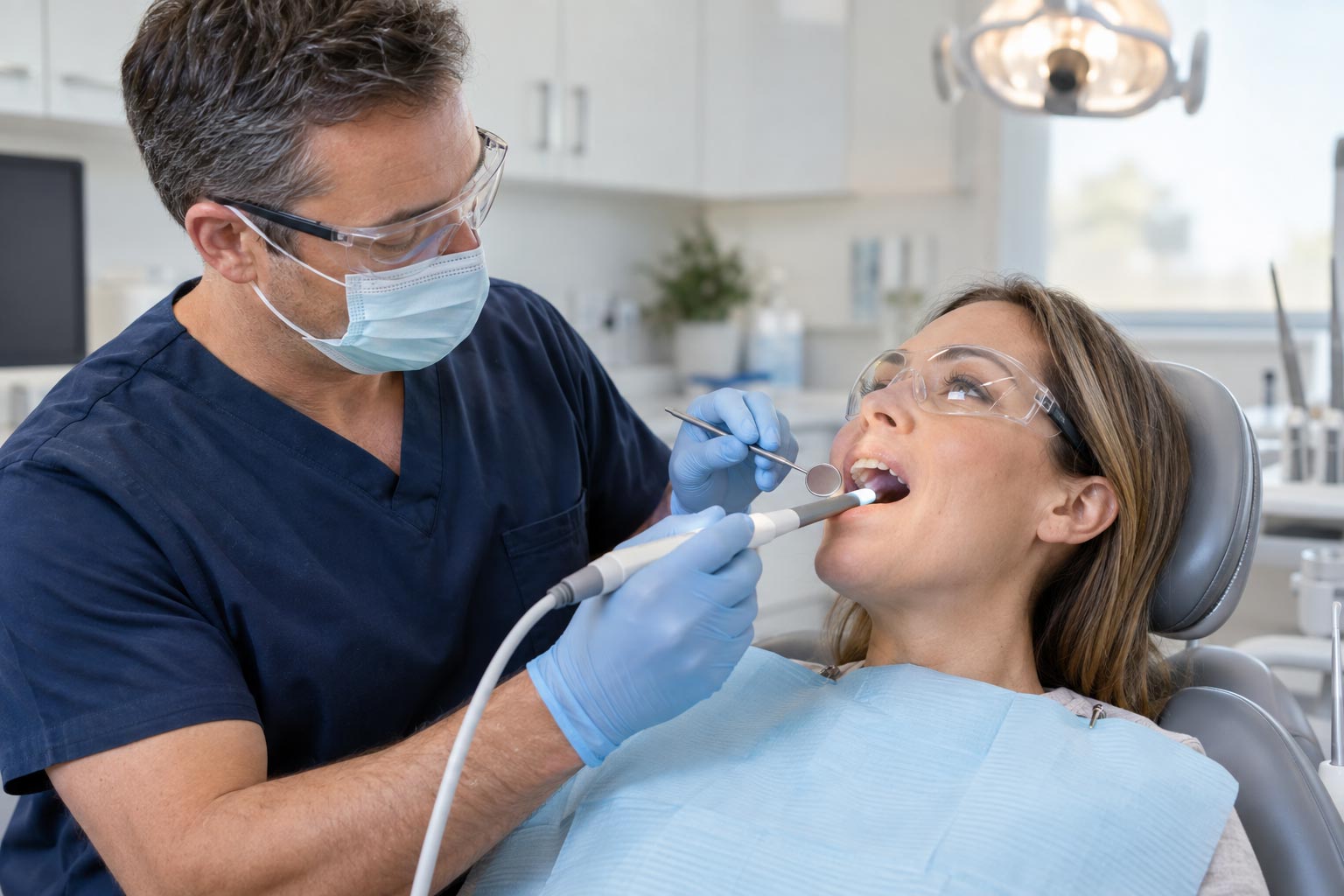 a dentist treats a patient for a cracked tooth