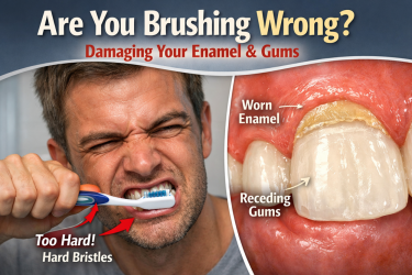 Man brushing teeth too hard with a toothbrush showing enamel damage and receding gums caused by aggressive brushing