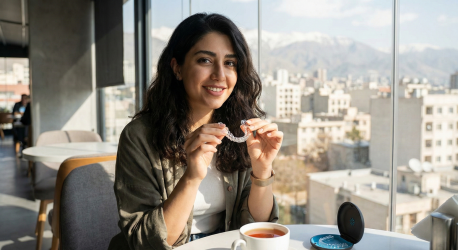 Smiling woman in a cafe holding clear Invisalign aligners, demonstrating the aesthetic and removable benefits of the treatment