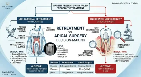 Diagnostic flowchart comparing non-surgical endodontic retreatment and apical surgery (apicoectomy), illustrating the clinical indications, access points, and outcomes for treating a failed root canal.