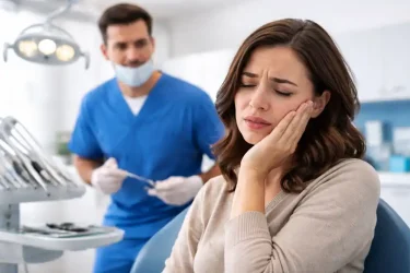 Patient with severe tooth pain speaking with an emergency dentist in a dental clinic