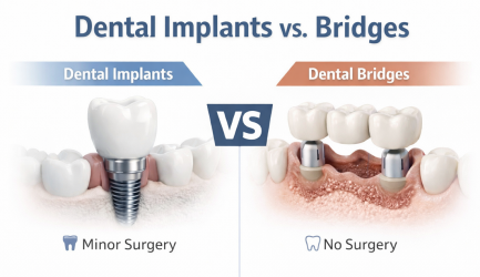 Comparison of dental implants and dental bridges showing structural differences and surgical requirements