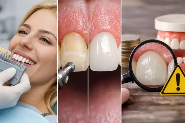 Dentist using a shade guide to select the correct color for porcelain dental veneers during a cosmetic dentistry consultation