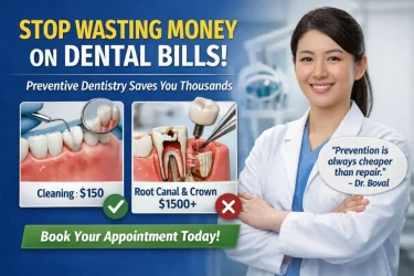 Preventive dentistry concept showing dental cleaning vs dental implant cost comparison with a Chinese female dentist and a dental implant inside healthy gum tissue