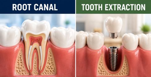 side by side diagram of a root canal and a tooth extraction